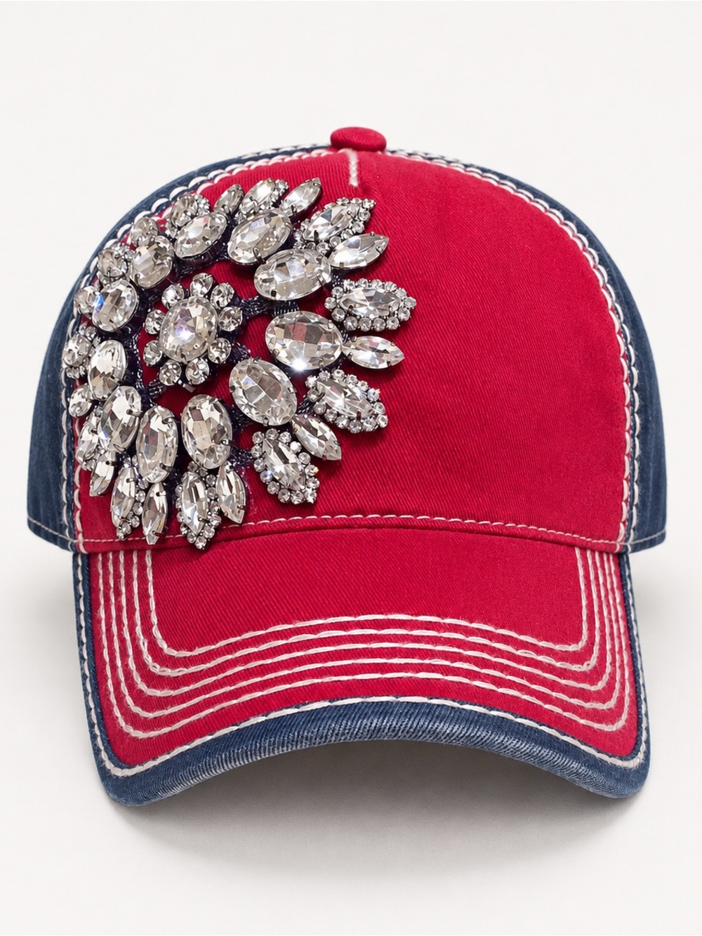 Patriotic Rhinestone Flower Distressed Baseball Cap